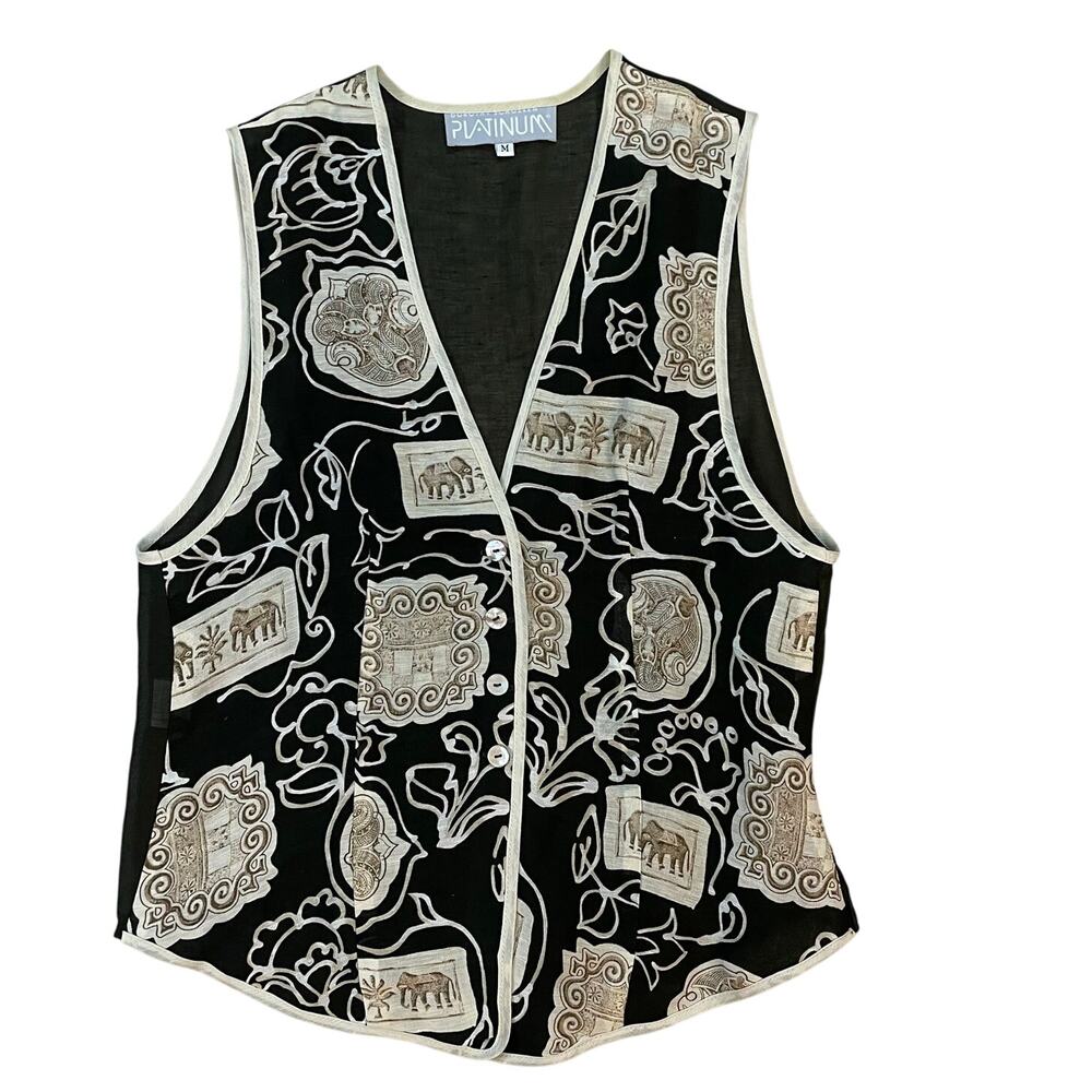 Vintage Elephant Tapestry Vest Womens M Linen Blend Boho Artsy Festival USA